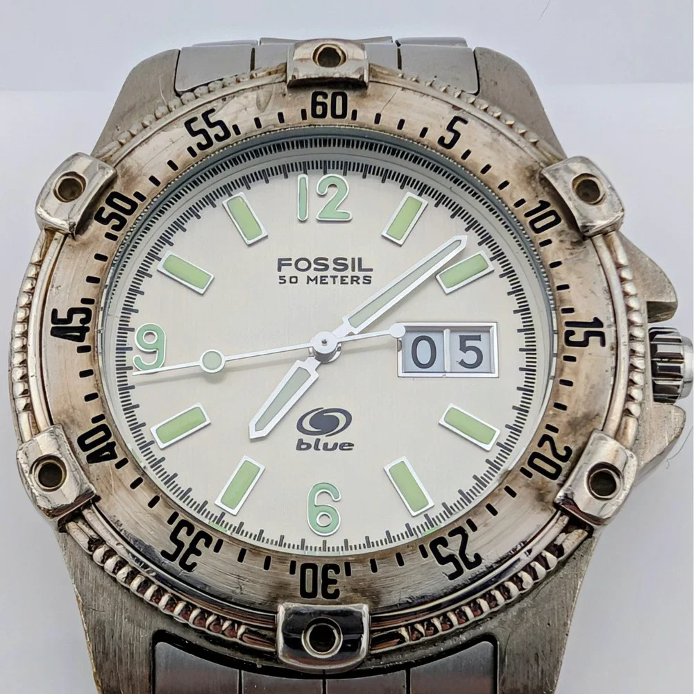 Fossil Blue AM-3252 Big Date SS Diver Watch Rotating Bezel Lume 40mm 8